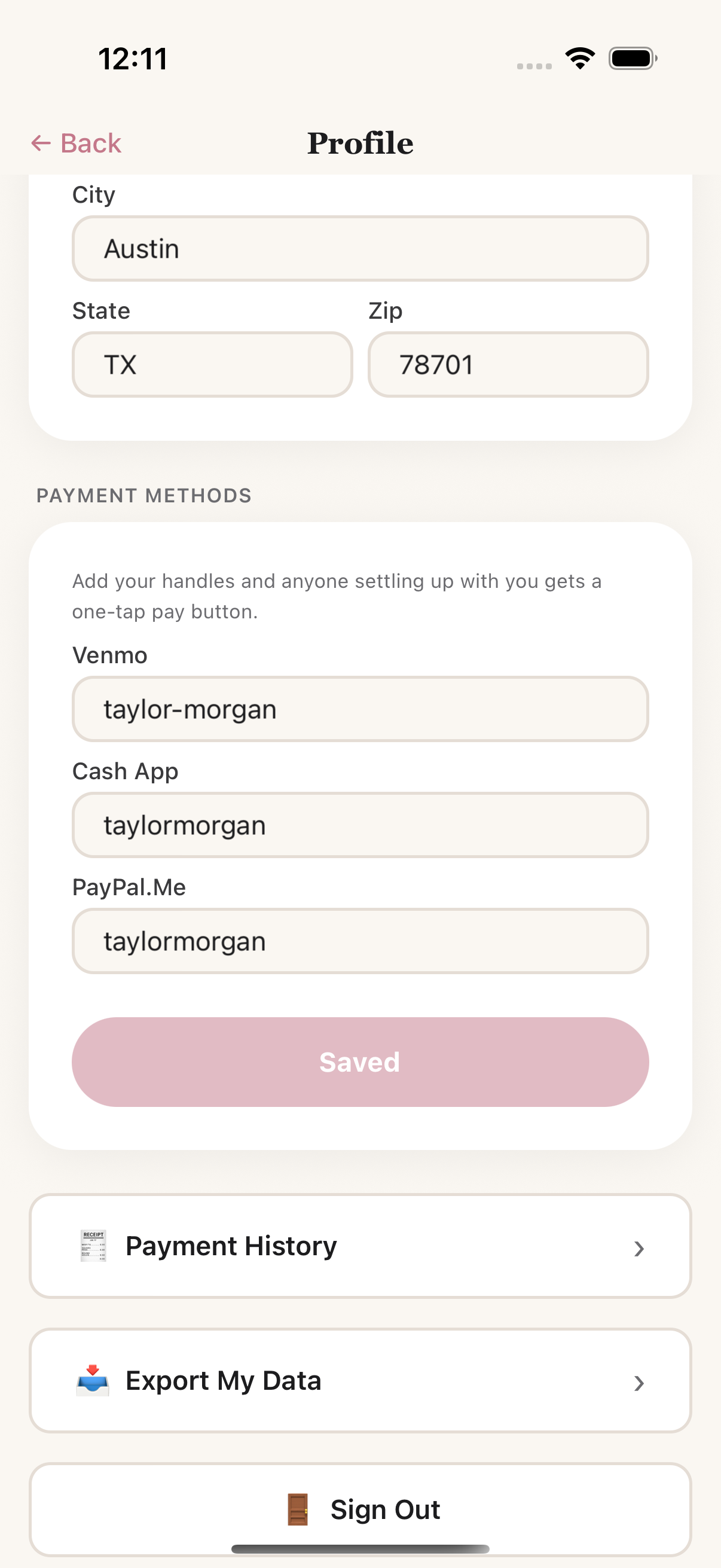 Export My Data on the Profile screen