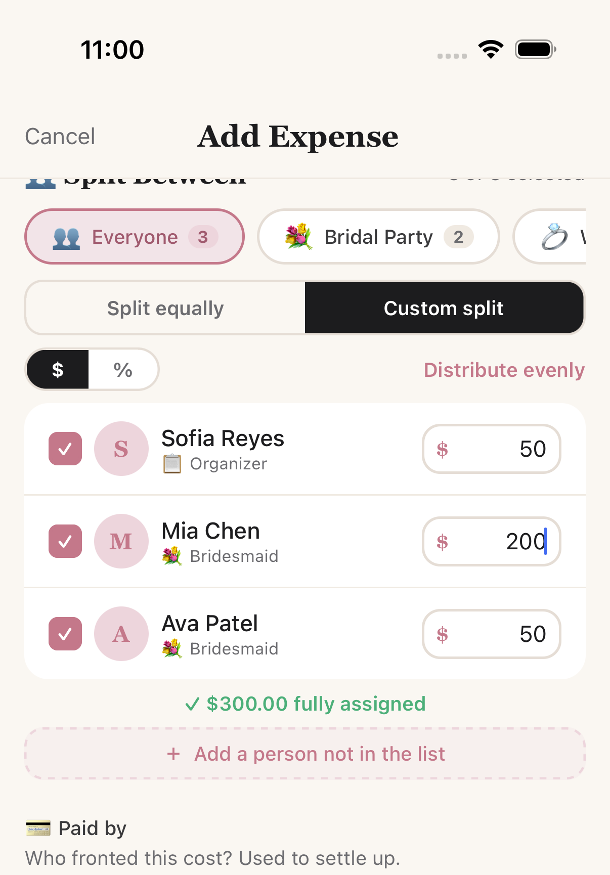 Custom split on Add Expense with per-person amounts