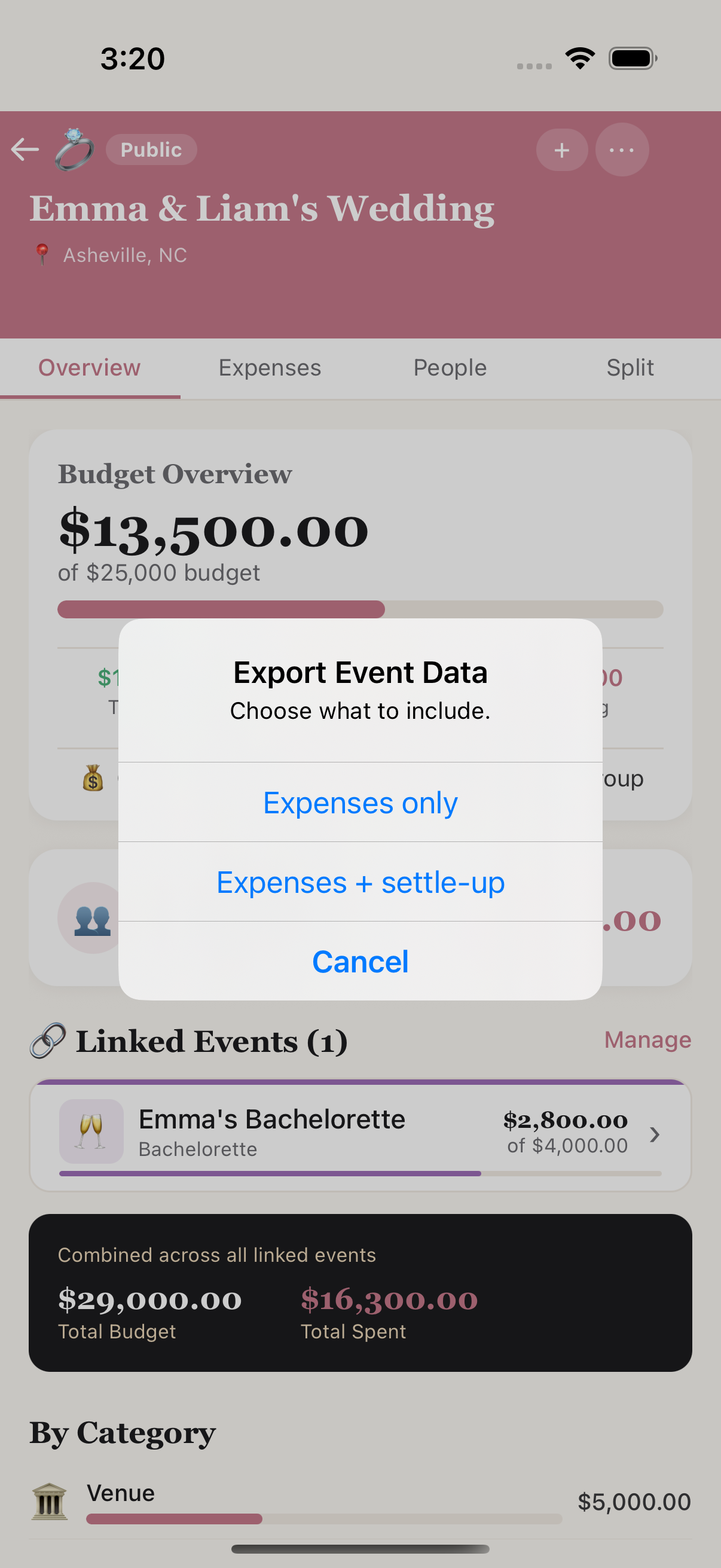 Export Event Data — choose Expenses only or Expenses + settle-up