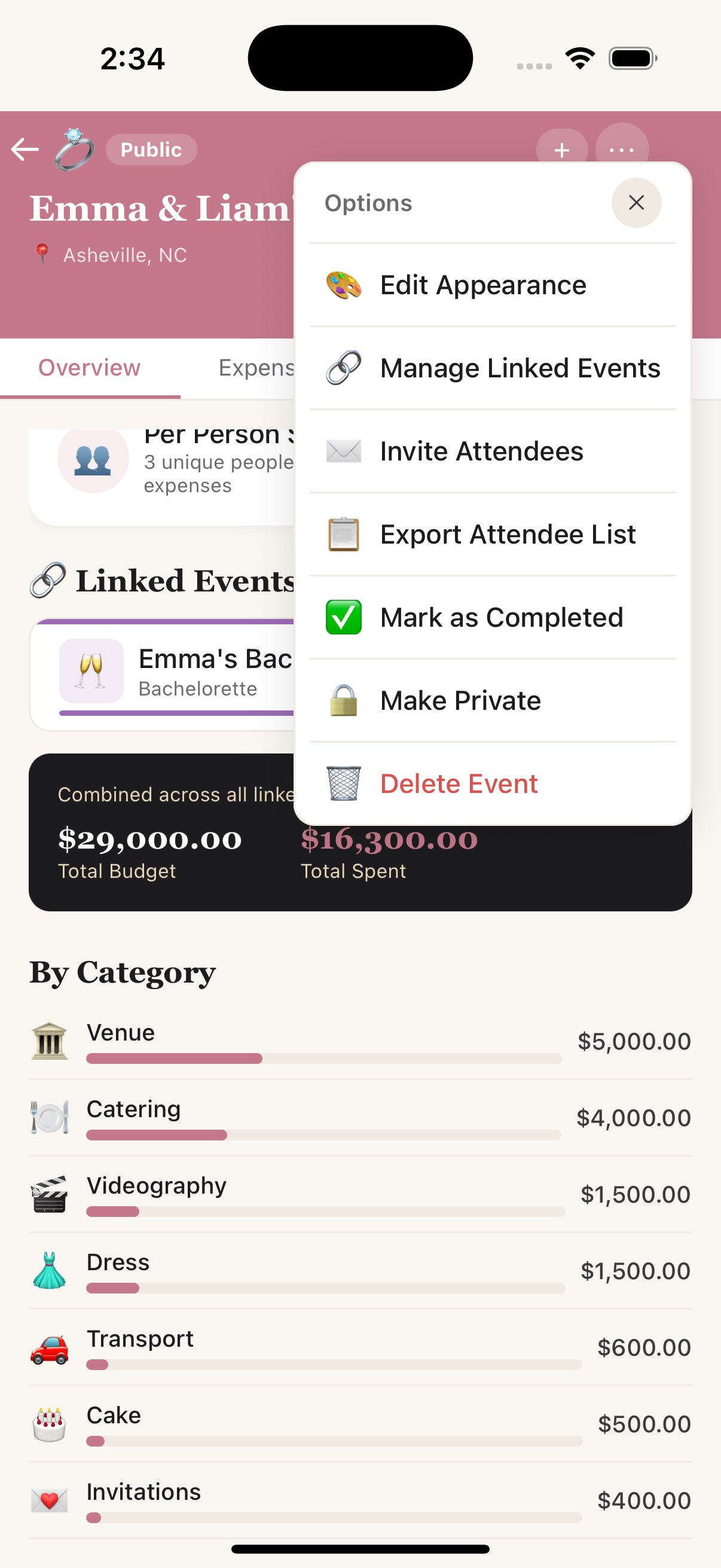 Event options menu