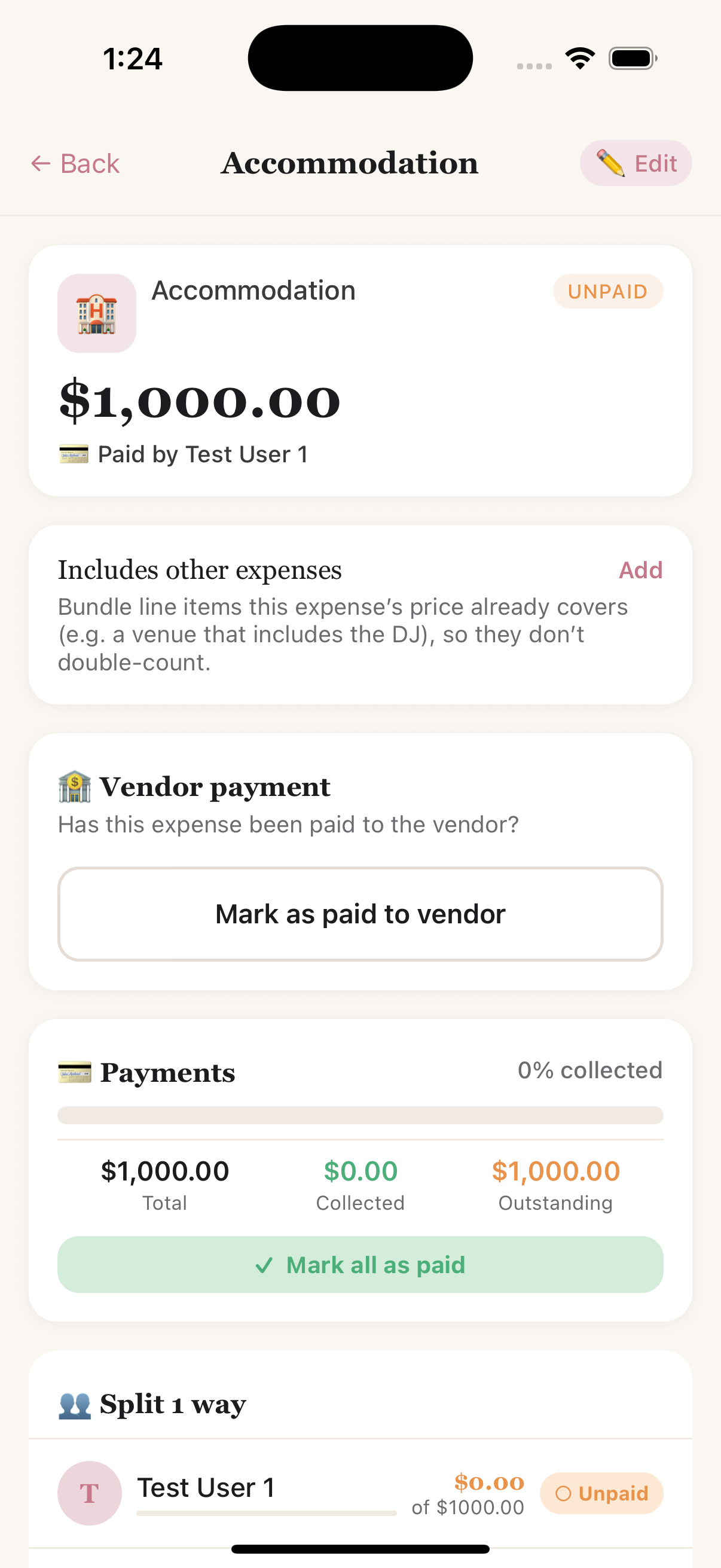 Expense detail with Includes and Vendor payment