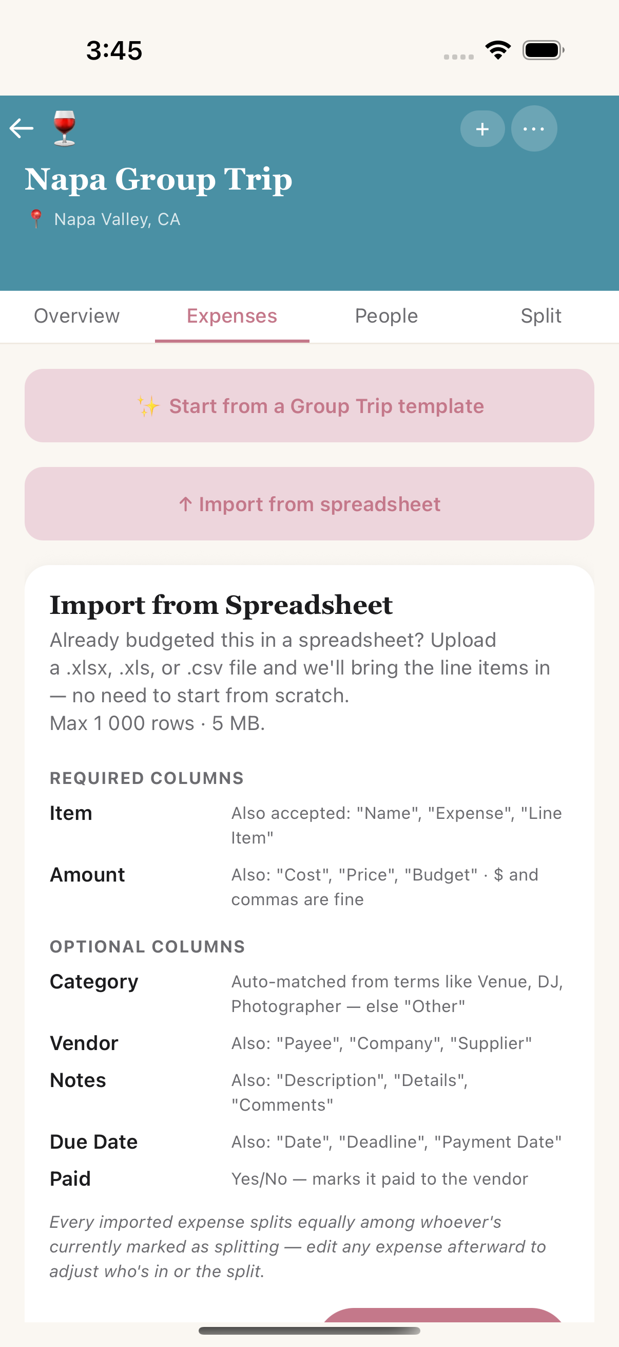 Import from Spreadsheet on the Expenses tab
