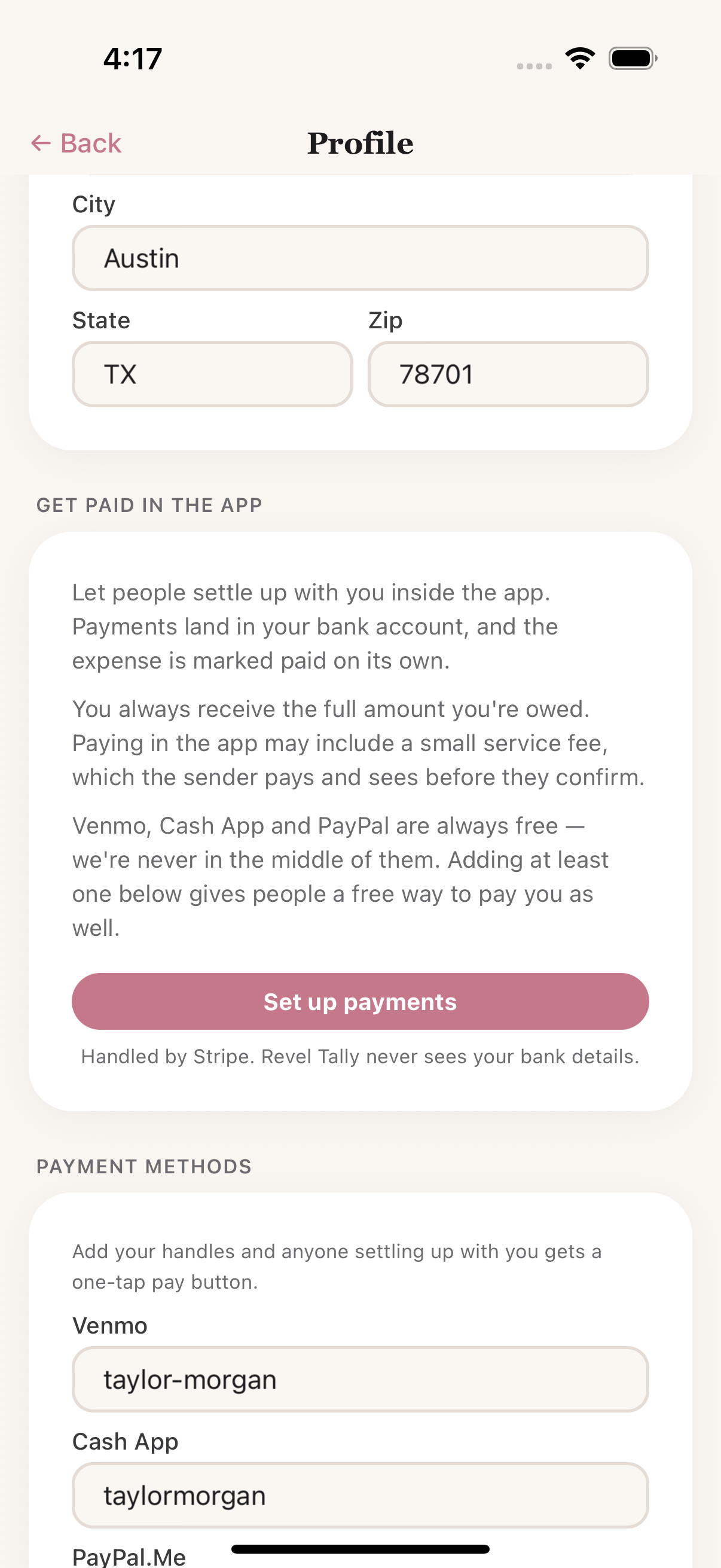The Get paid in the app card in Profile