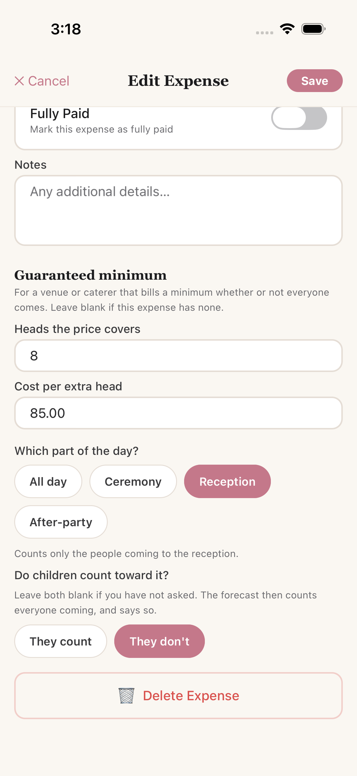 Guaranteed minimum fields on an expense, including which part of the day