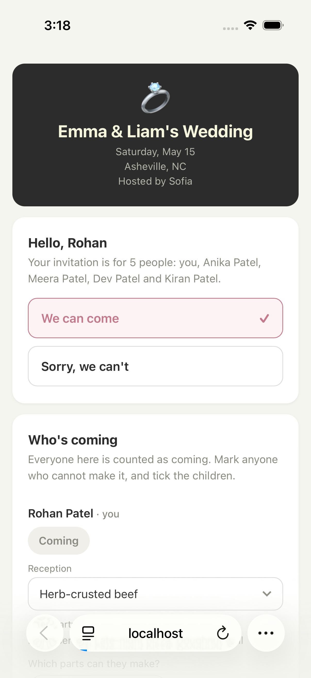 The guest RSVP page, opened from a personal code