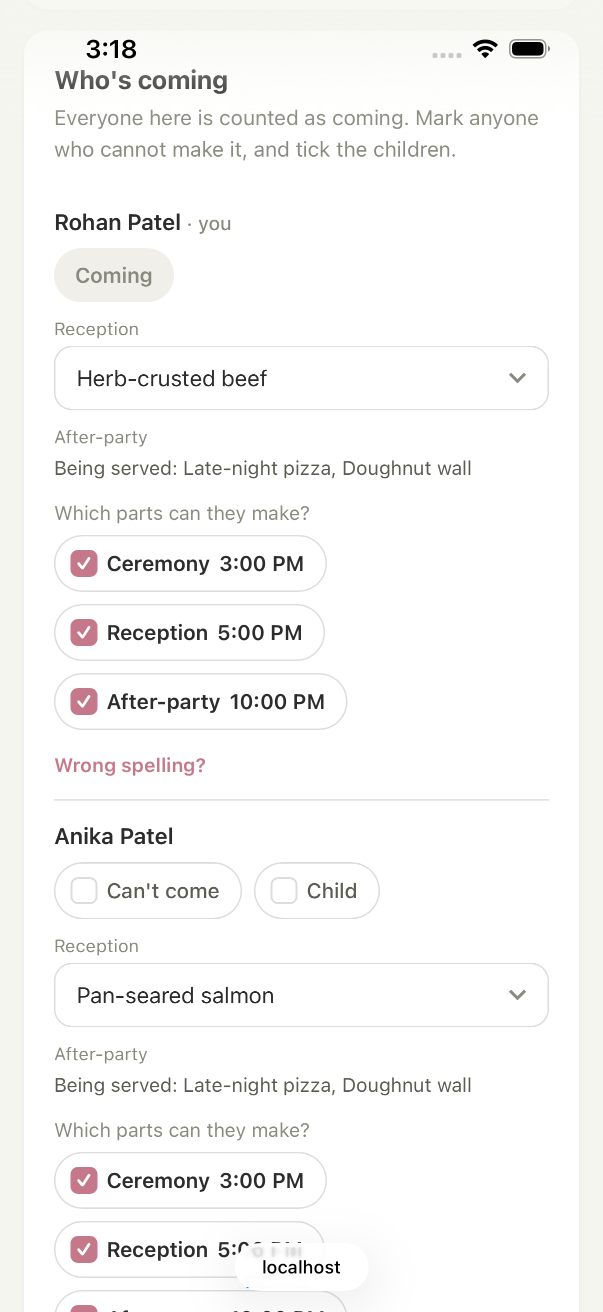 A guest reply with dinner choices and parts of the day