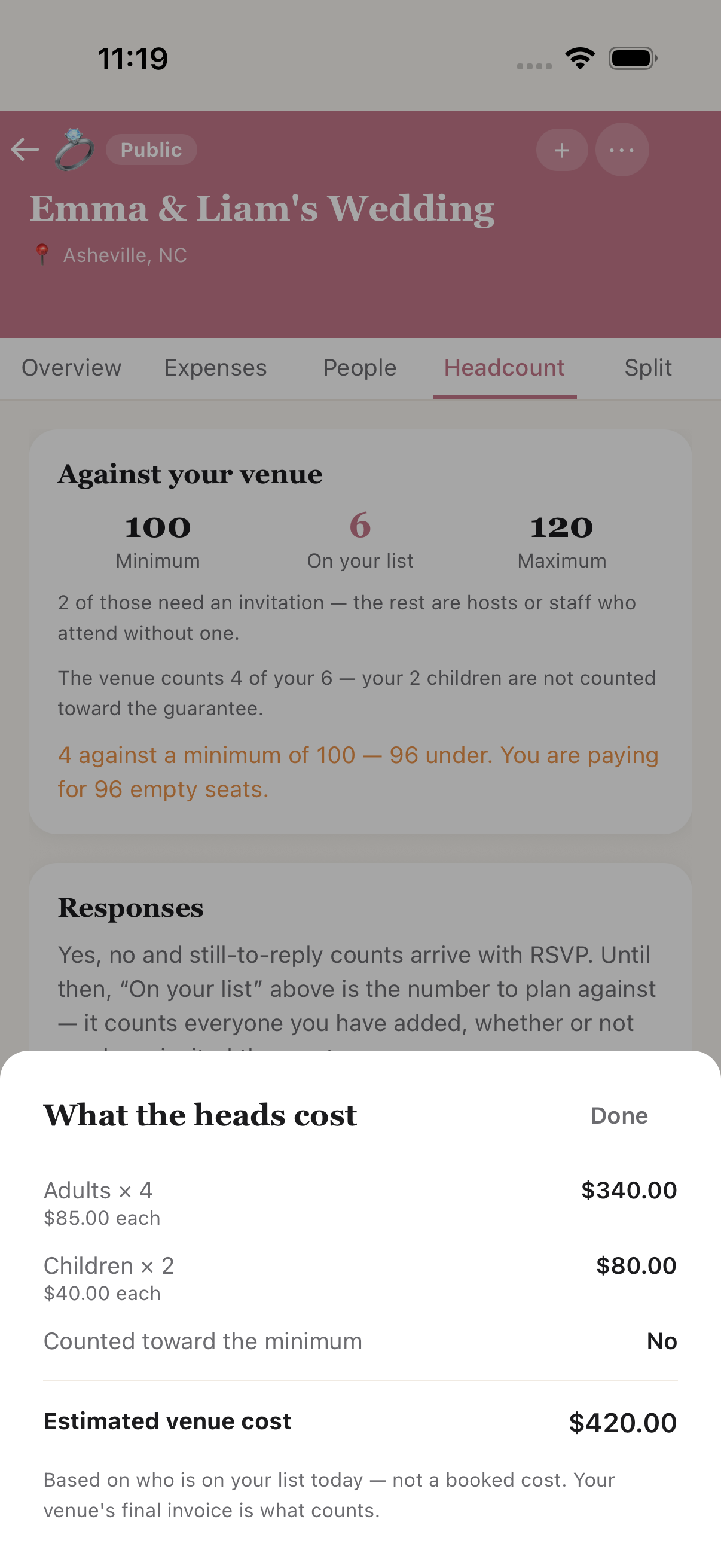 Cost breakdown showing adults and children priced separately
