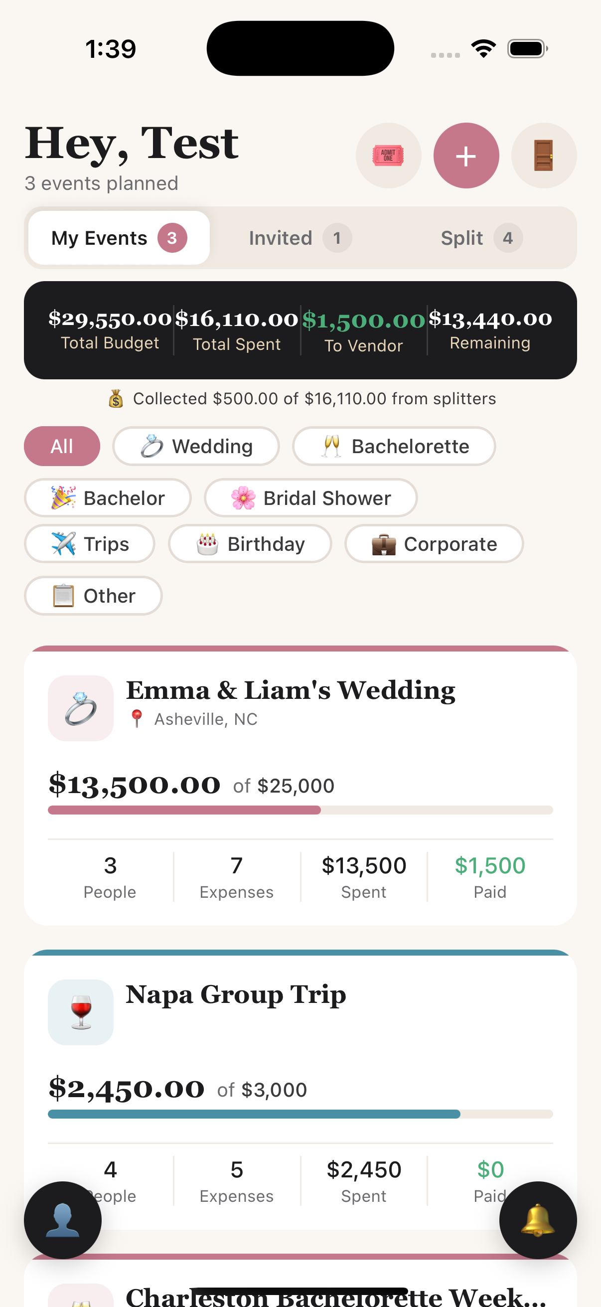 Home screen with event cards and budget banner