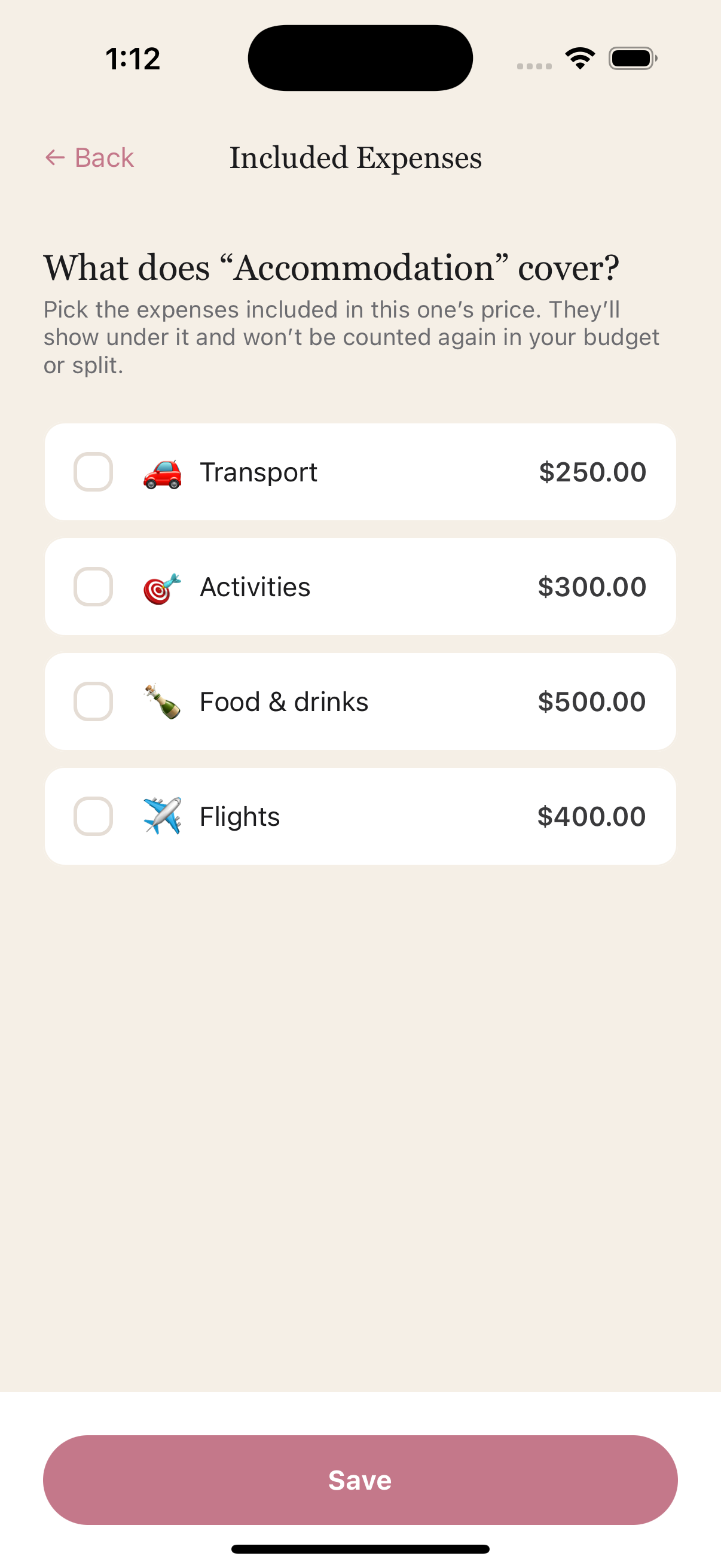 Selecting expenses the venue covers