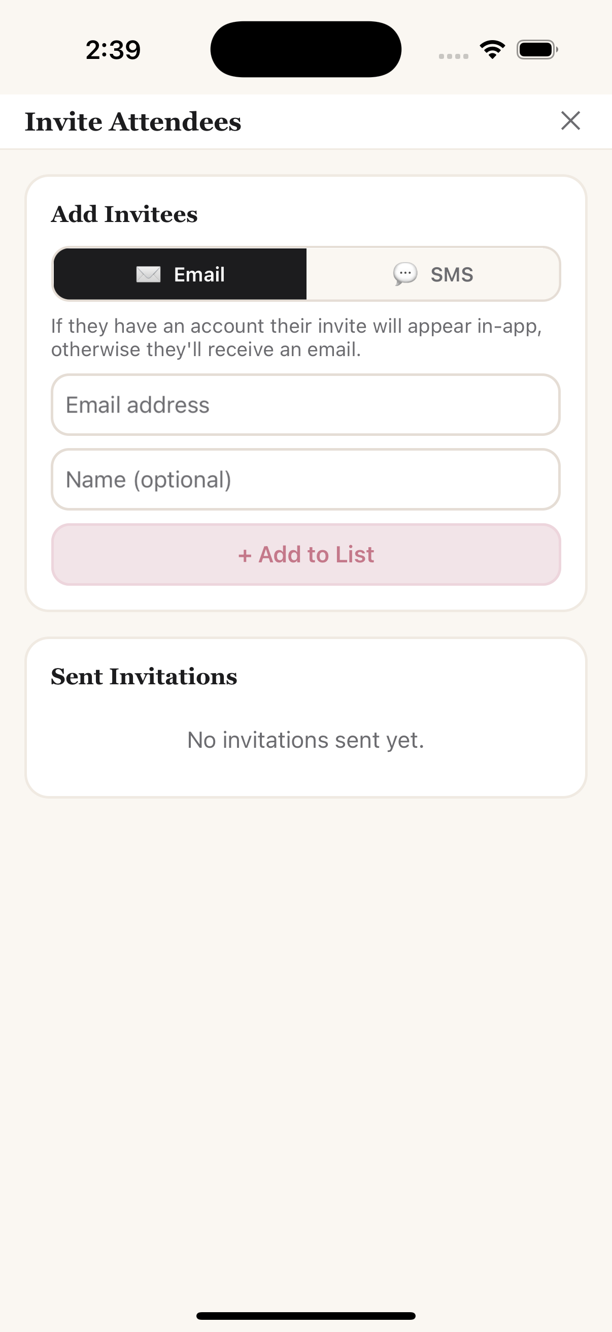 Invite attendees screen