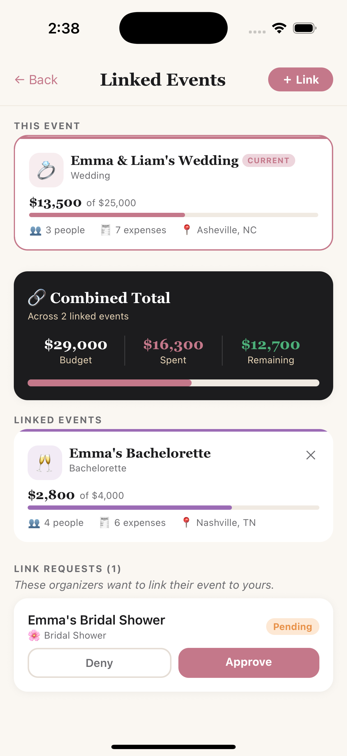 Manage linked events with a pending request