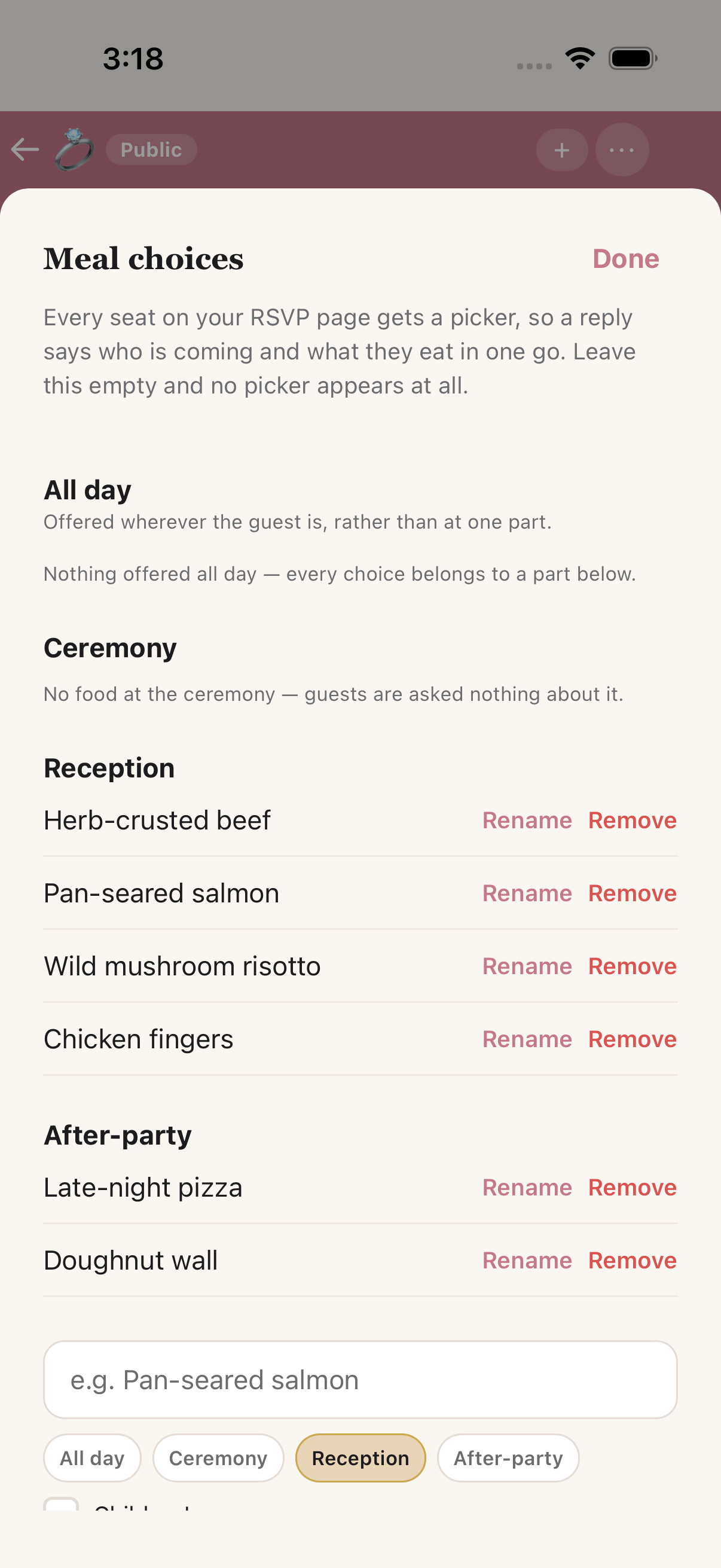 The meal choices editor grouped by part of the day