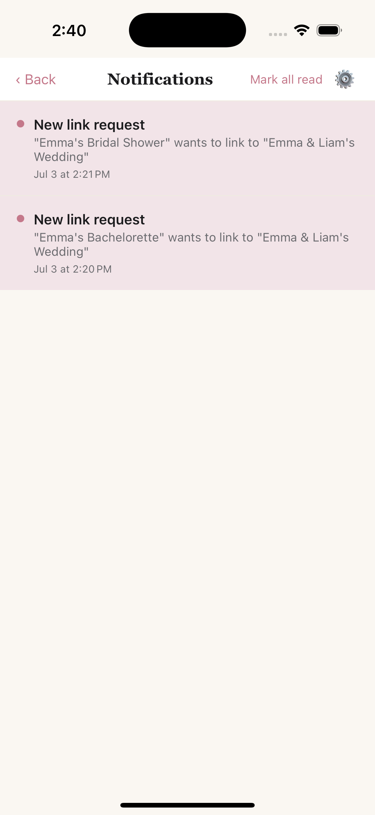 Notifications for link requests