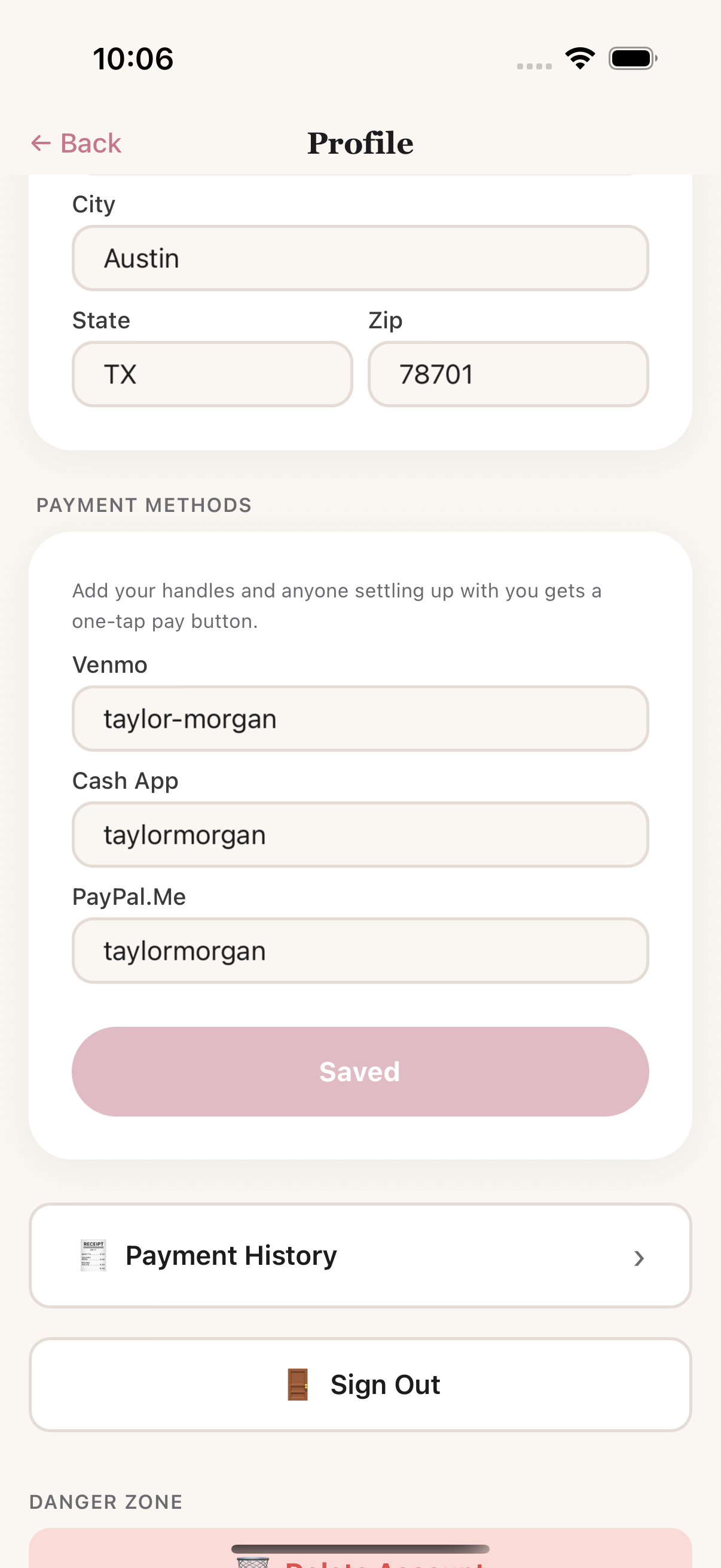Payment methods on the Profile screen