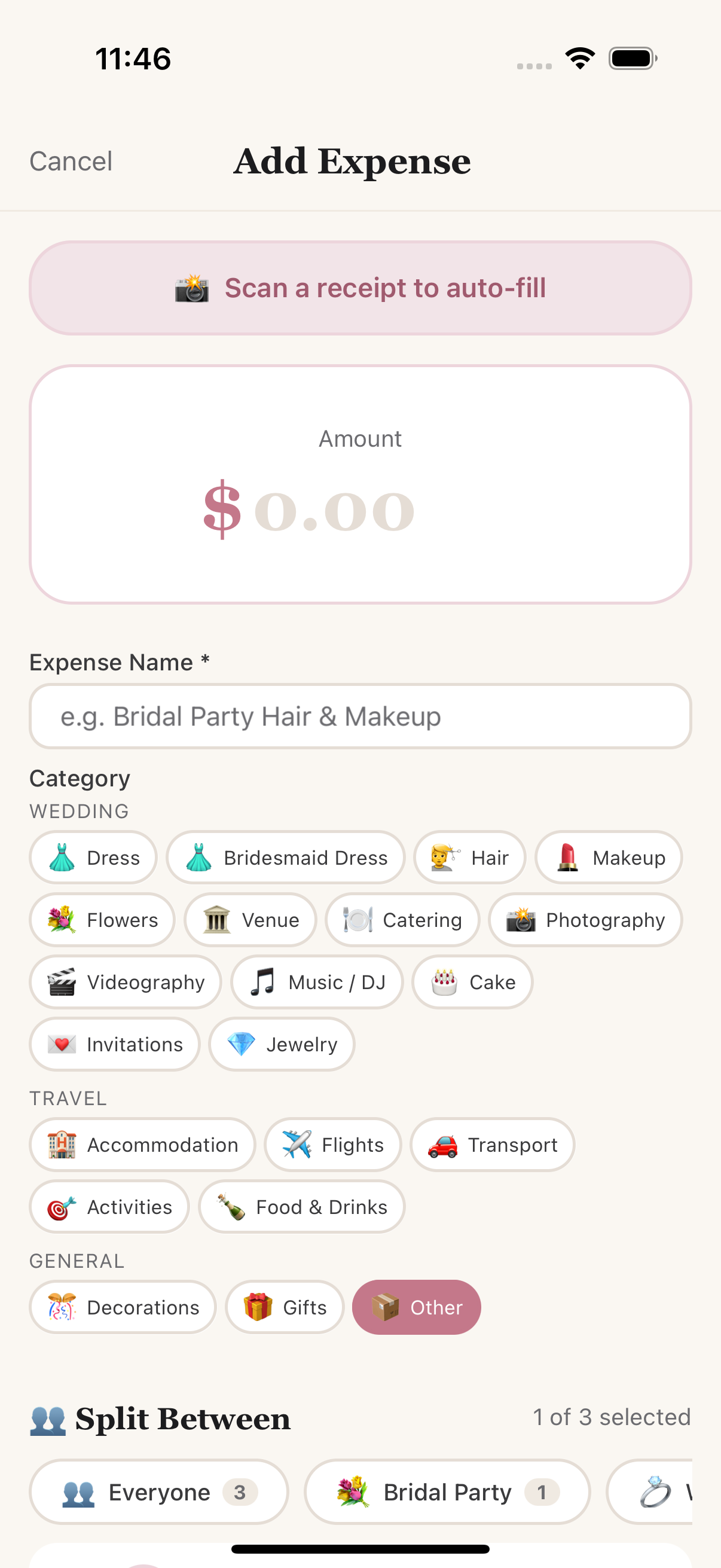 Scan a receipt to auto-fill on the Add Expense screen
