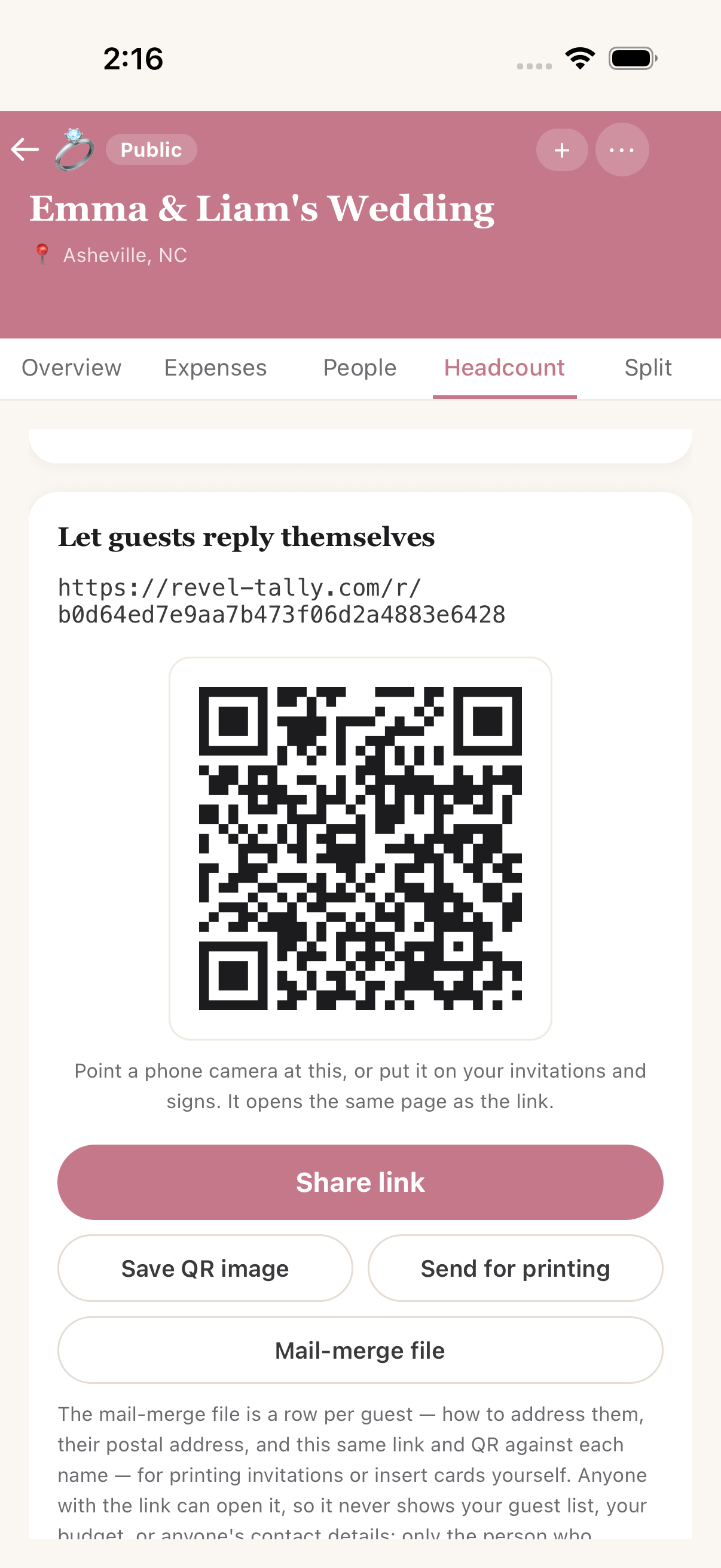 The guest RSVP link with its QR code and export buttons