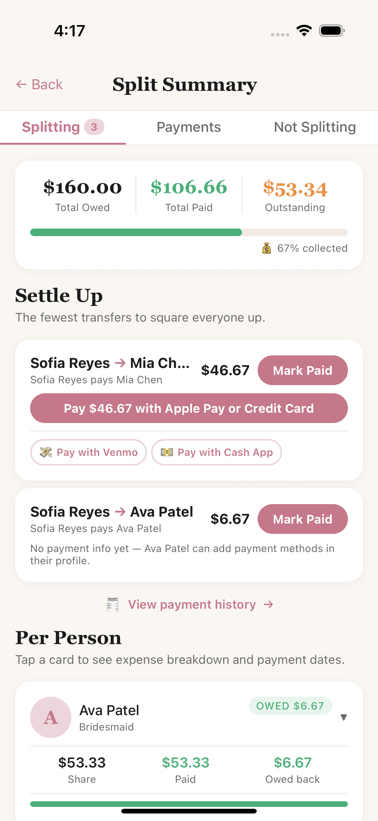 Settle Up transfers with an in-app pay button