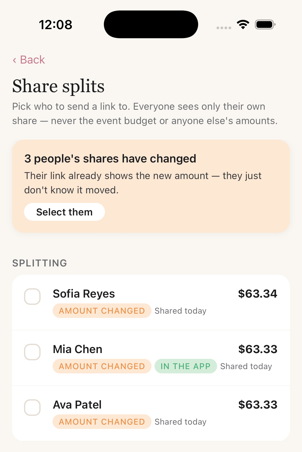 Choosing who to share splits with