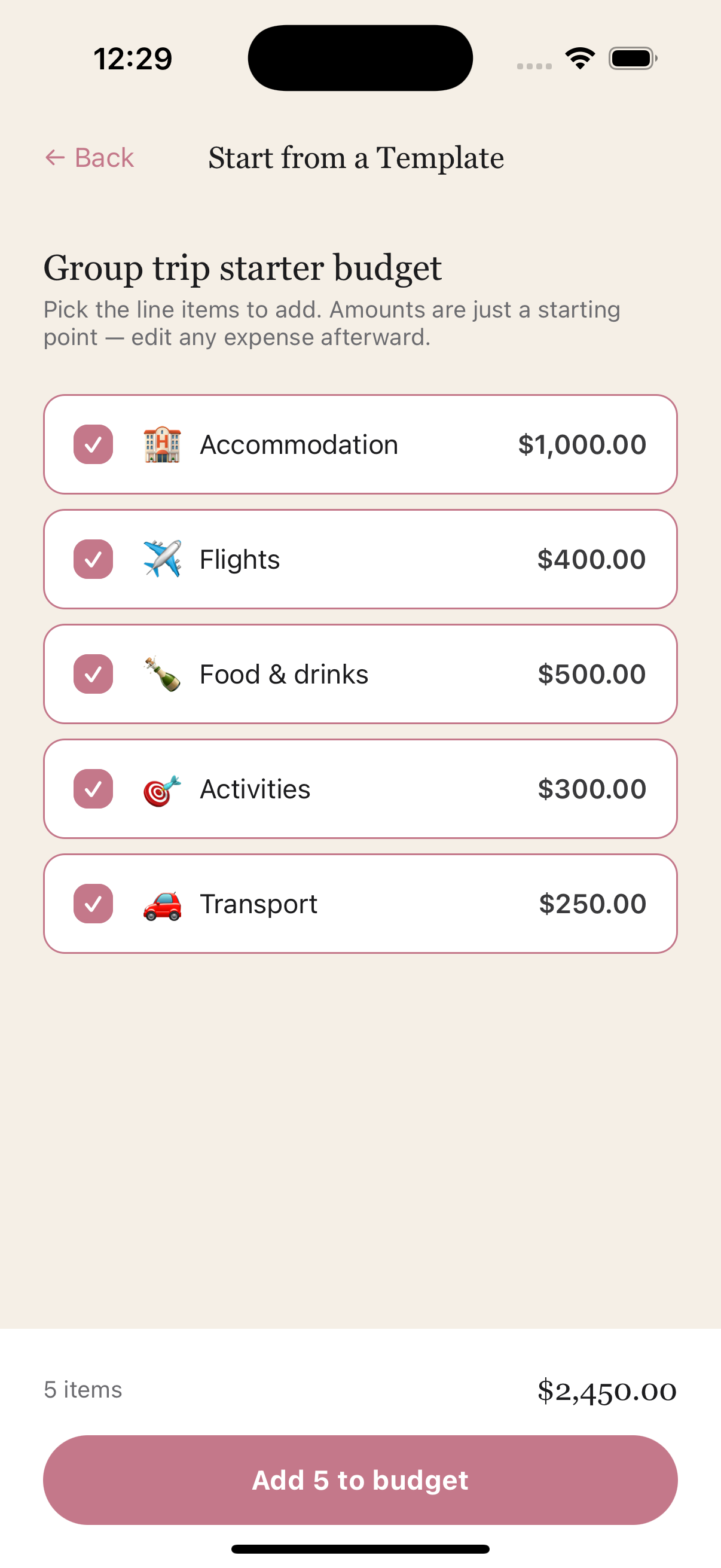 Budget template checklist