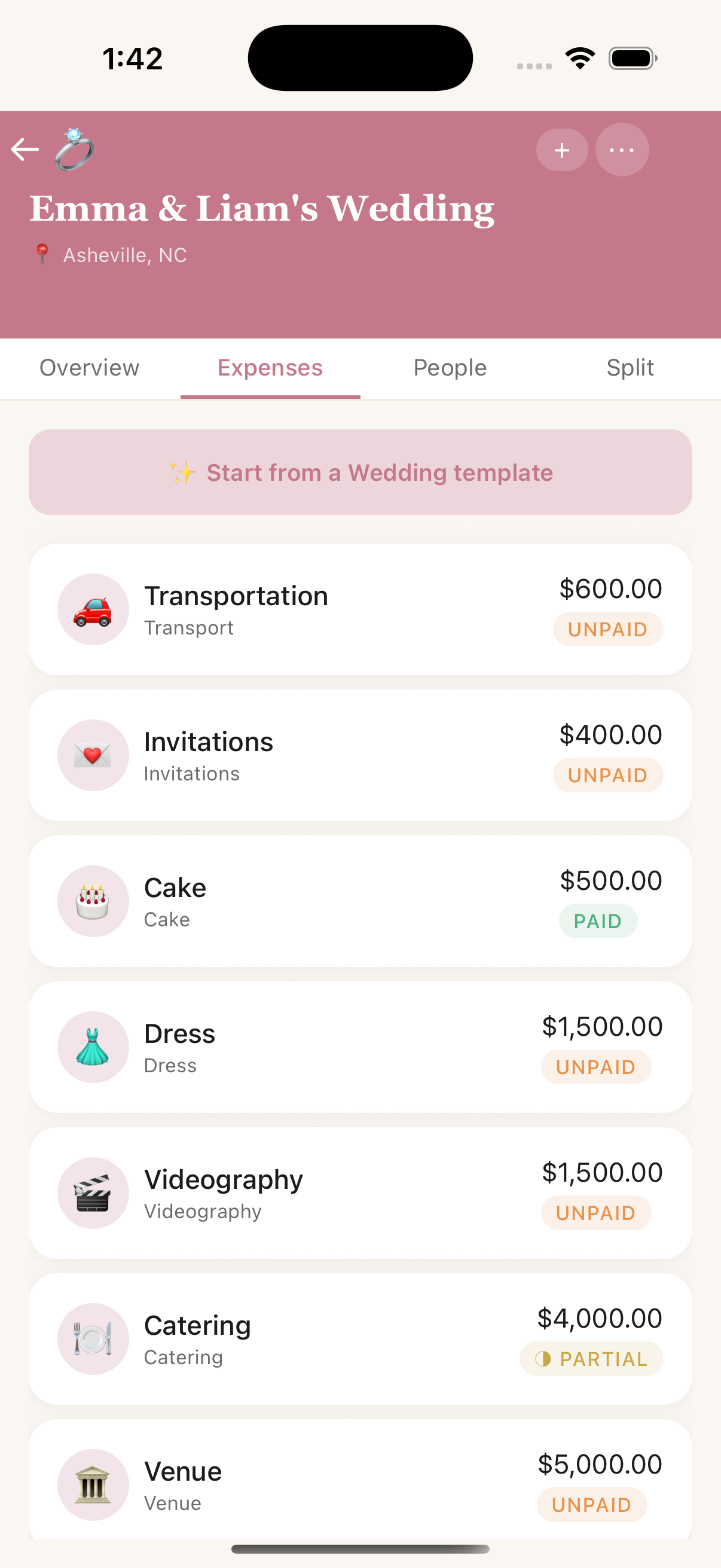 Expenses populated from the template