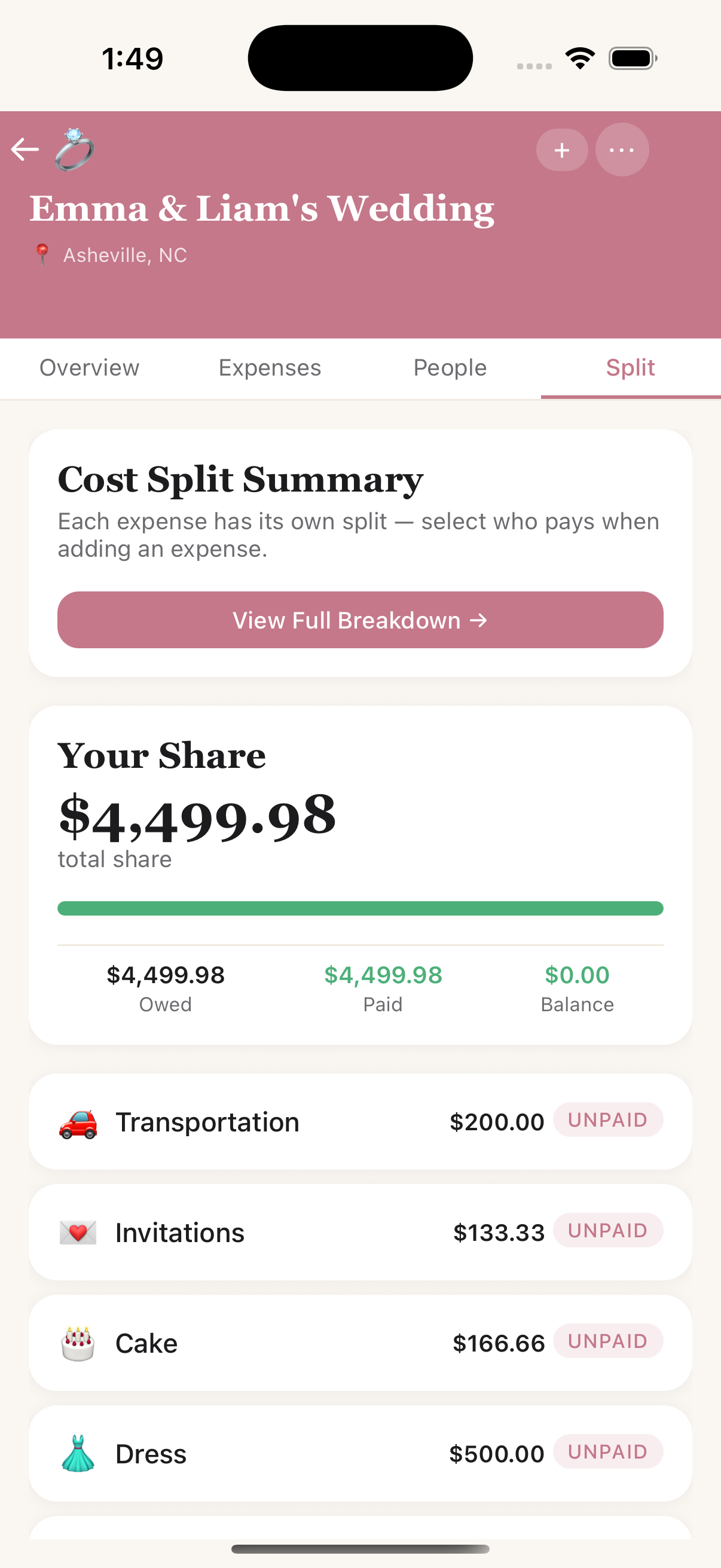 Your share on the Split tab